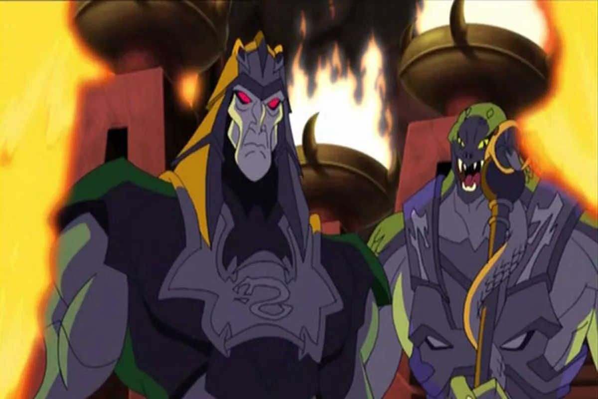 King Hsss stands tall in his dark armour with torches burning behind him
