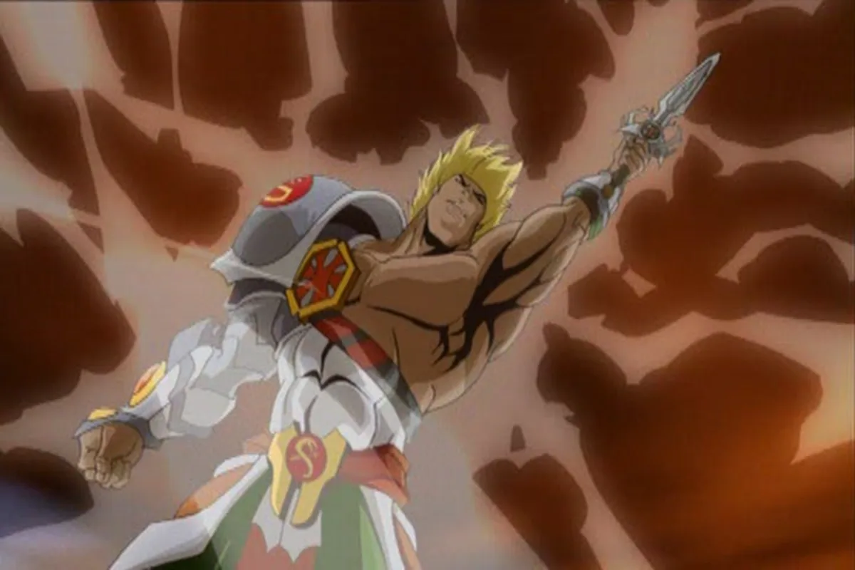 He-Man thrusts the Power Sword skyward in silver armor
