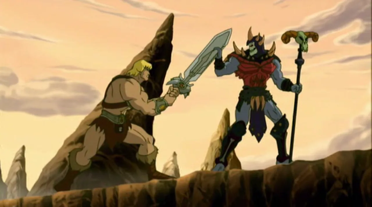He-Man levels his sword at a powered-up Skeletor on a ridge.