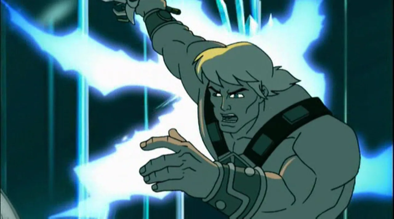 He-Man stretches out an arm as blue lightning crackles around him