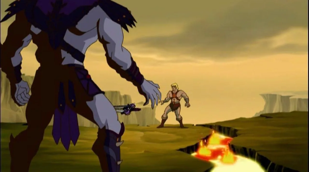 He-Man faces Skeletor across a cracked field with a glowing fissure between them