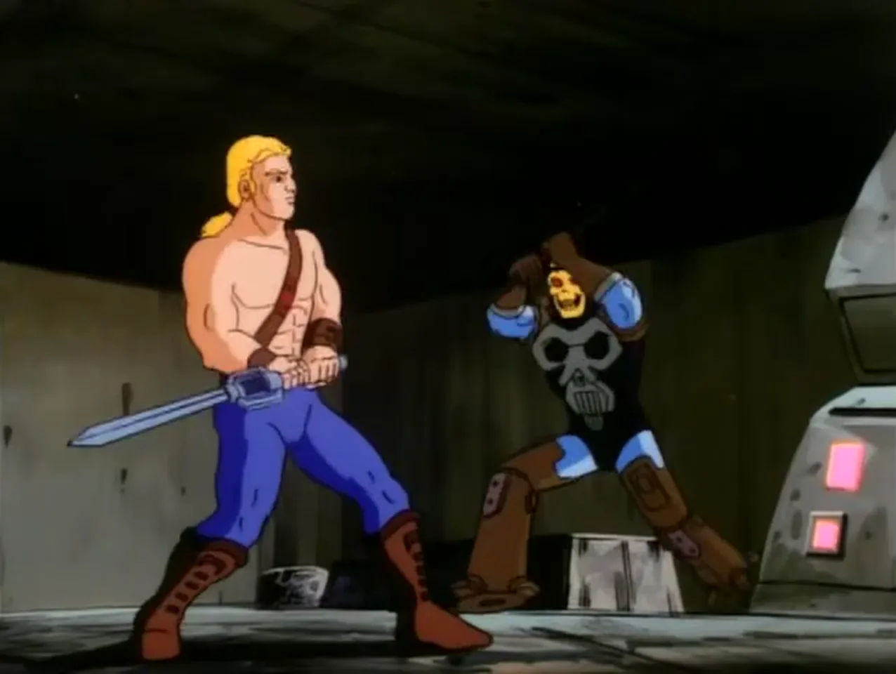 He-Man holds a sword ready facing Skeletor in a room with a pink-lit dome.