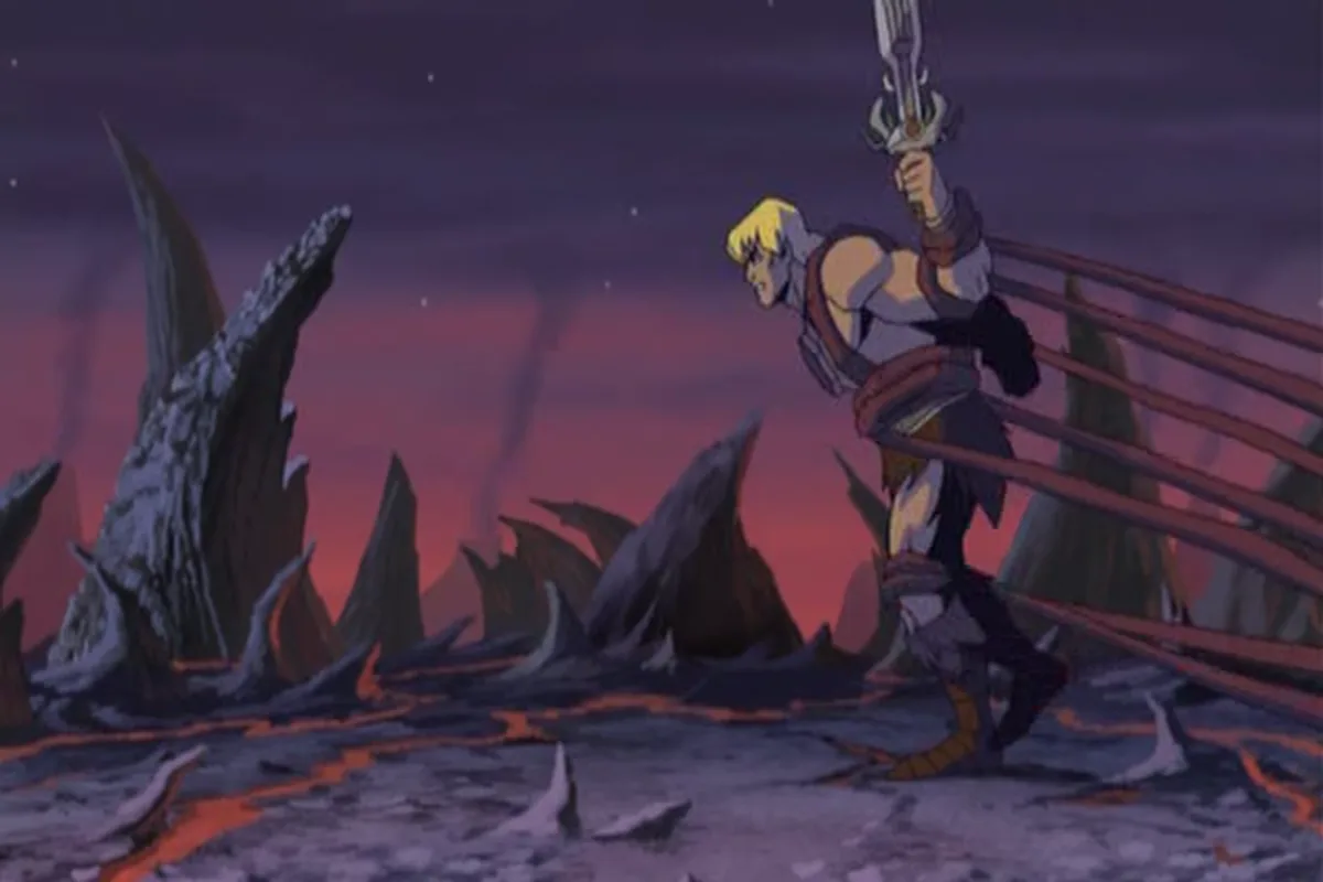 He-Man holds his sword aloft as vines wrap around him.