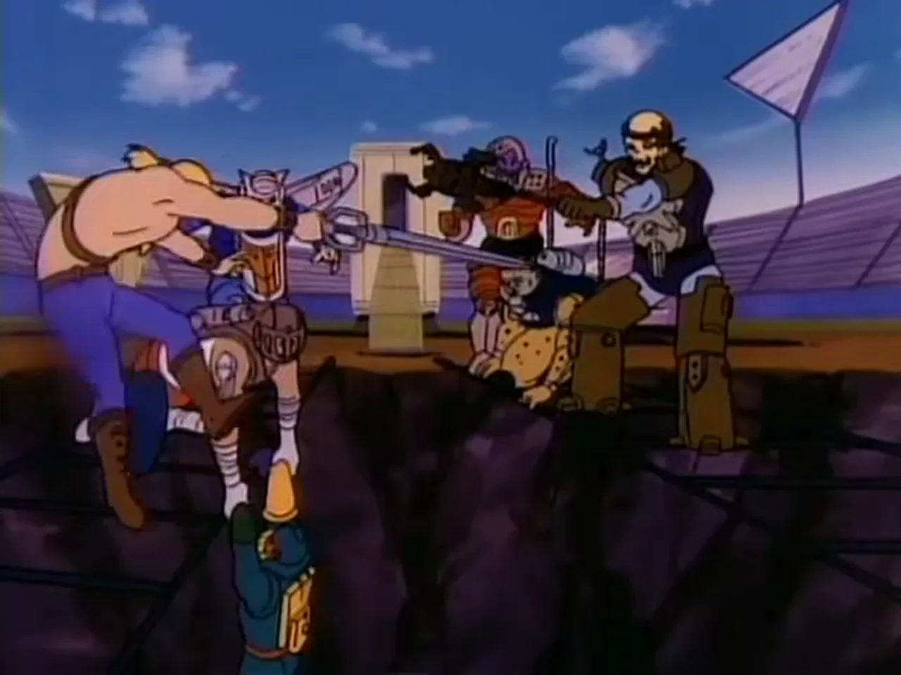 A blond man climbs a rope ladder toward a stadium ledge where armed mutants stand.
