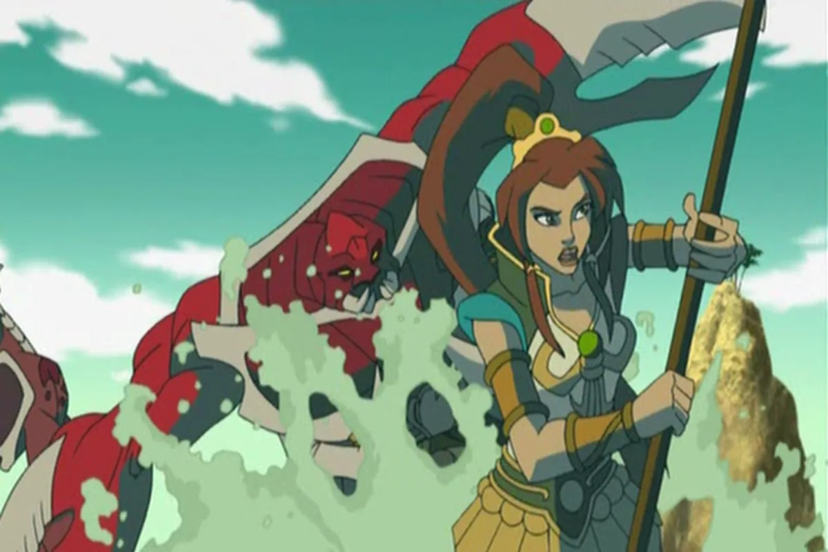 Teela braces her spear as the crab creature bursts through the surf behind her.