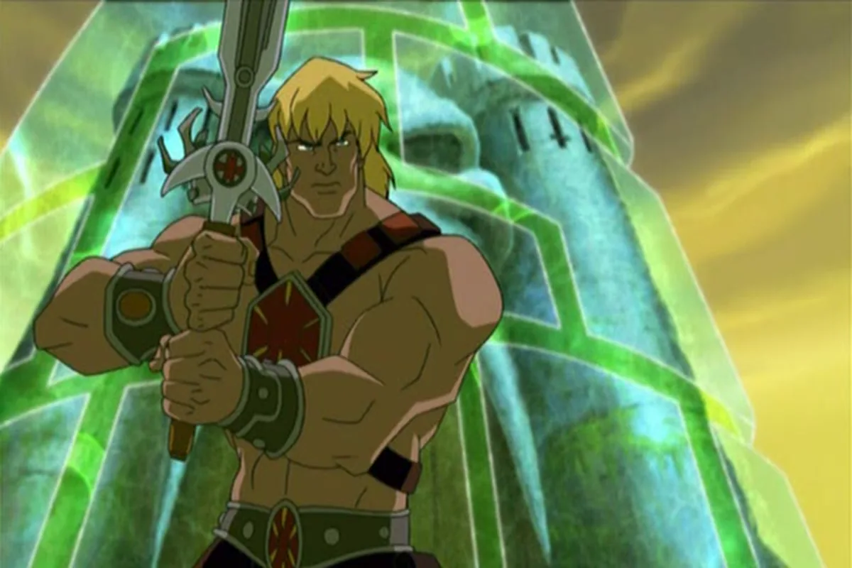 He-Man raises the Power Sword before the glowing castle shield
