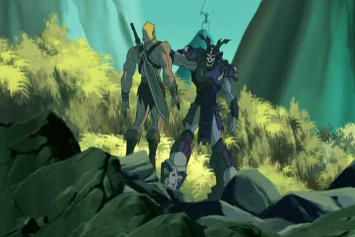 He-Man and Skeletor face off in a rocky jungle clearing