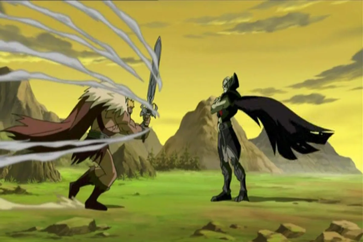 King Grayskull braces against the wind as Hordak waits with his cloak flaring