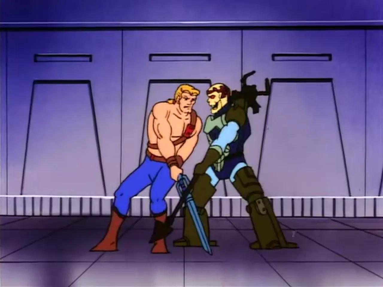 He-Man and Skeletor grapple in a purple-walled room, a sword near their feet.