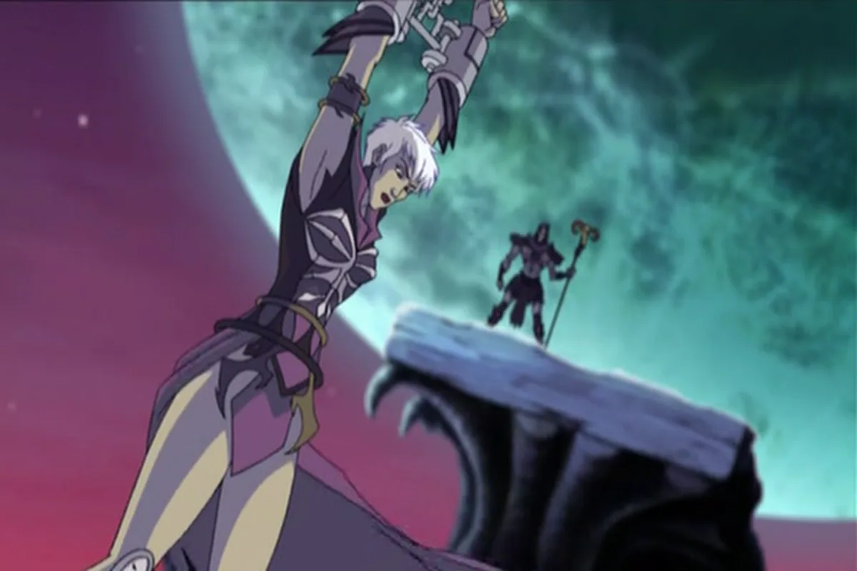 Evil-Lyn hangs by her chained wrists while Skeletor looks on from a rock ledge