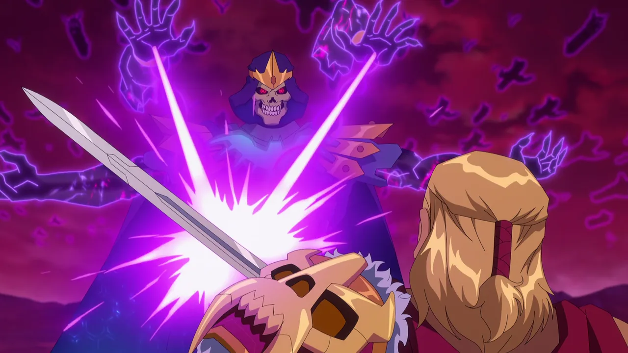 Skeletor fires twin beams that meet He-Man's raised sword in a bright flash.