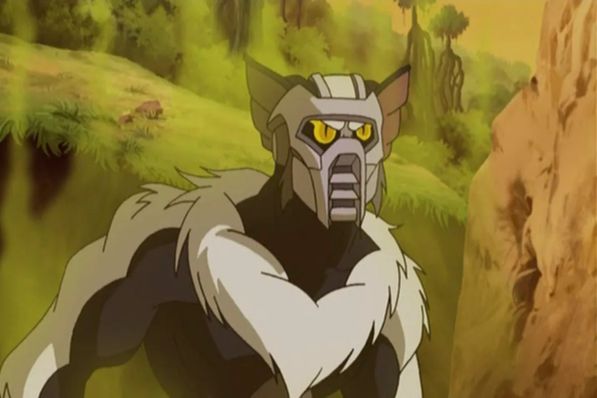 Stinkor in a steel mask stares down, yellow eyes burning.