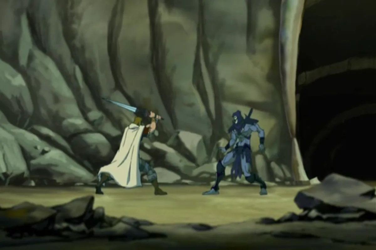 King Randor faces Skeletor with swords raised