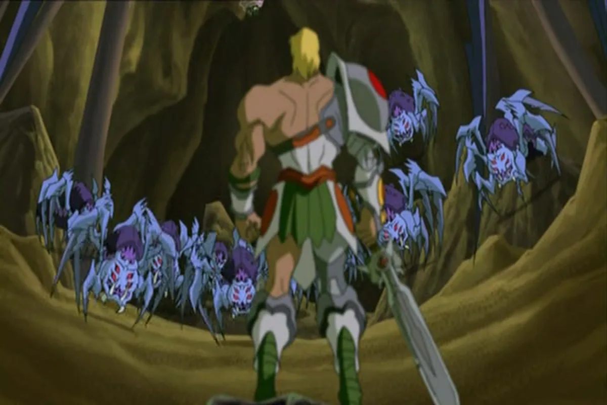 He-Man faces a swarm of spiderlings with his sword in hand