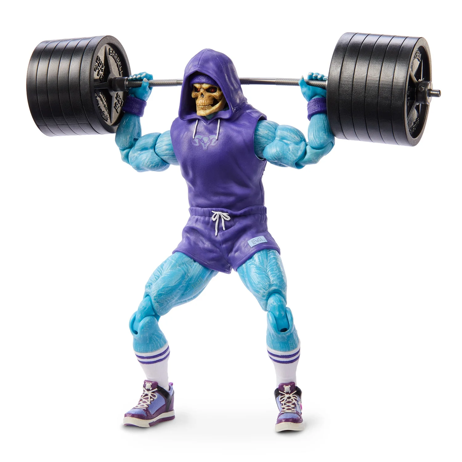 Gym Bro Skeletor action figure squatting a loaded barbell