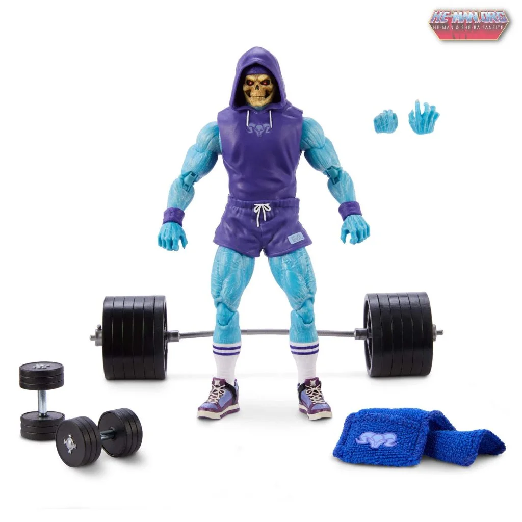 Gym Bro Skeletor preparing to deadlift, with towel and dumbbells