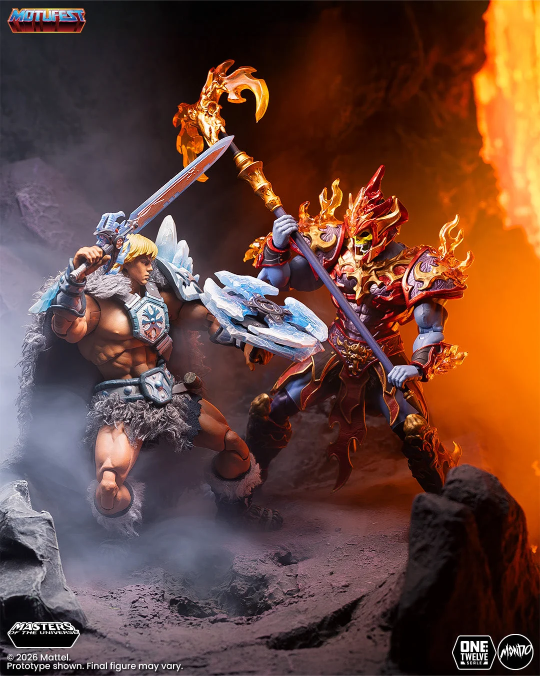 Ice Armor He-Man and Fire Armor Skeletor, 1/12 scale, squared up on Mondo lava. Official Mondo product photography; prototype shown.