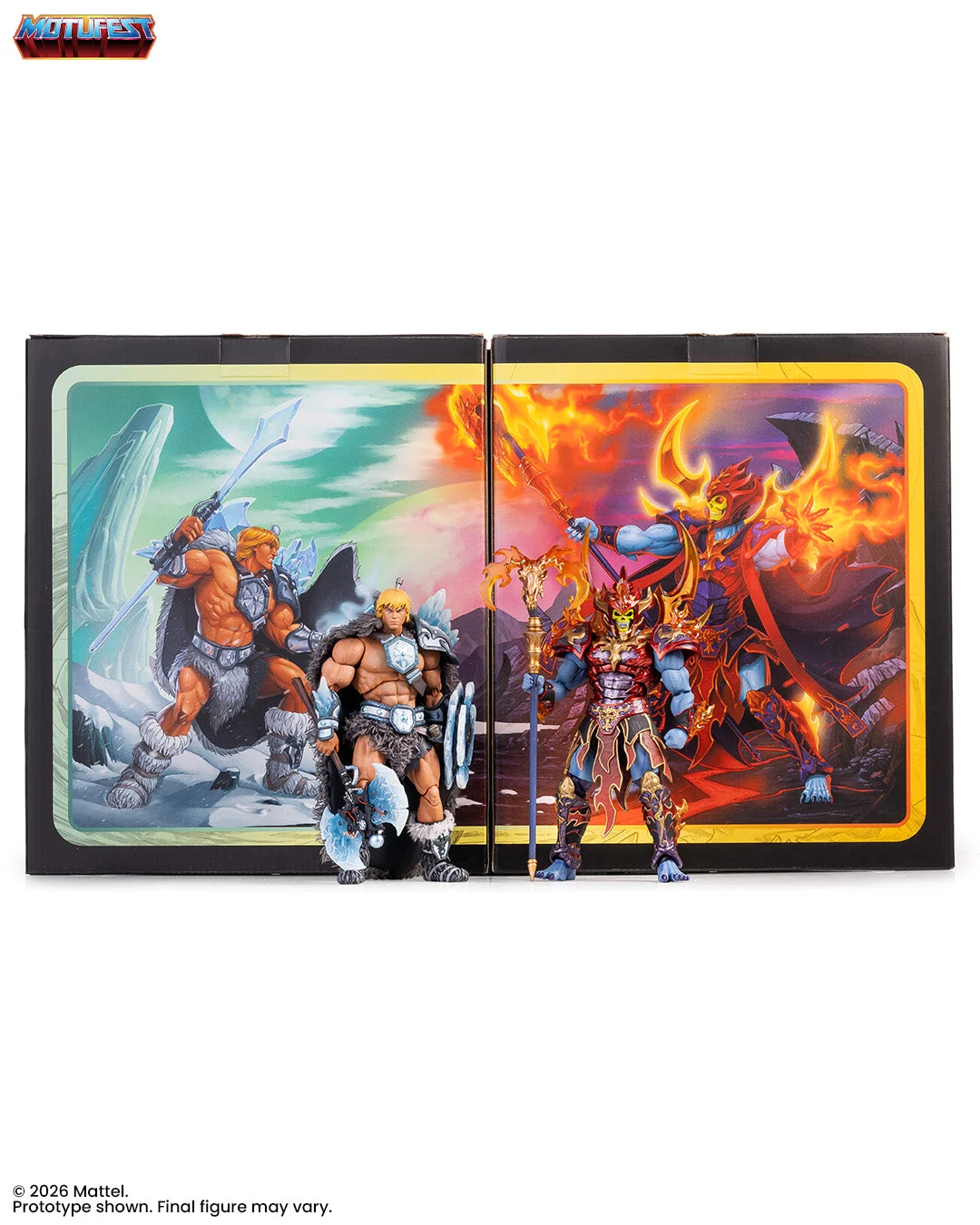 Set packaging opened into a painted ice and lava backdrop with both figures in front